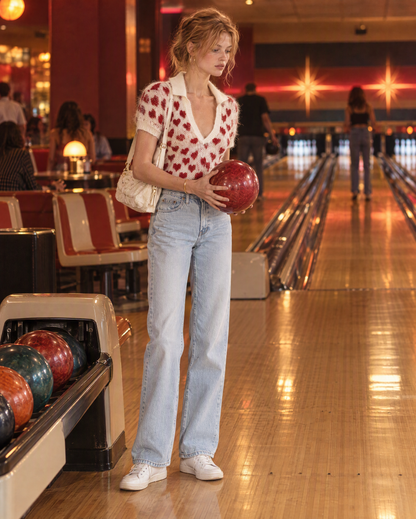 Casual Cream And Red Heart-jacquard Brushed-knit Polo-collar V-neck Short-sleeve Top MVA004340AA