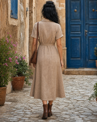 Boho Vintage Minimalist Taupe Linen Button Down Midi Shirt Dress MVA000440AA