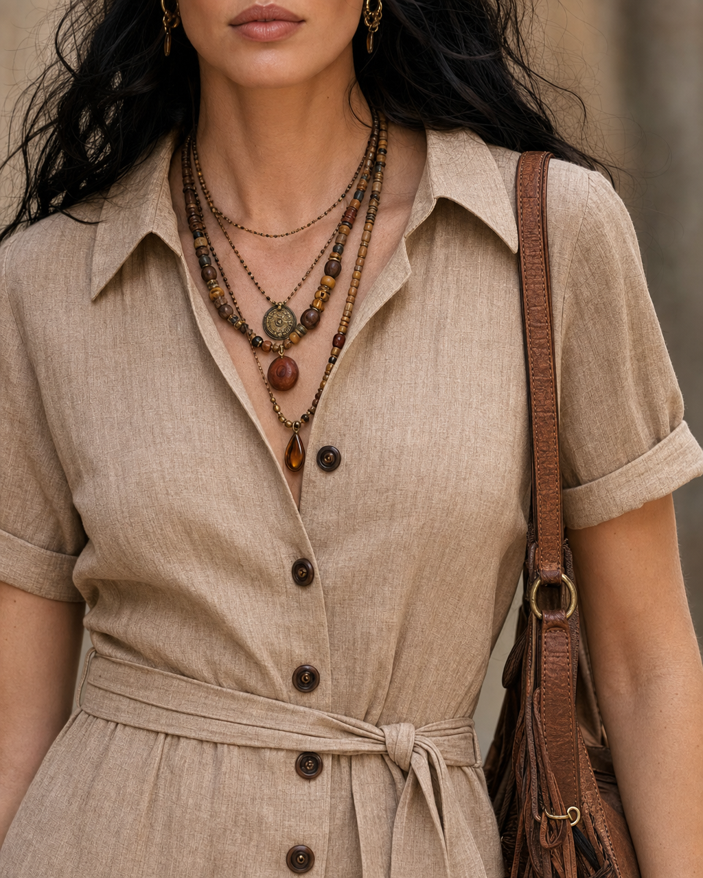 Boho Vintage Minimalist Taupe Linen Button Down Midi Shirt Dress MVA000440AA