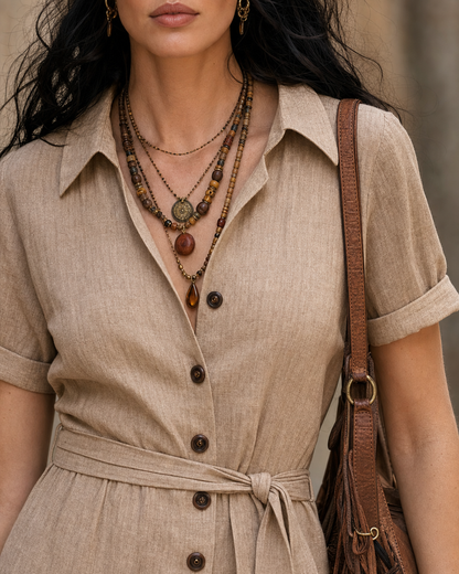 Boho Vintage Minimalist Taupe Linen Button Down Midi Shirt Dress MVA000440AA