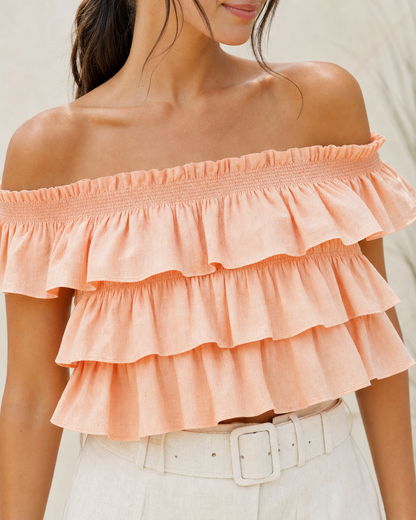 Boho Peach Tiered Ruffle Off Shoulder Crop Top MVA000450AA