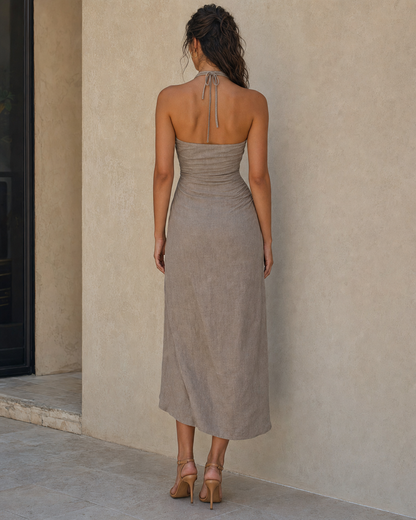 Boho Halter Twist Front Linen Midi Dress Wrap Slit Bodycon Vacation Dress MVA000460AA