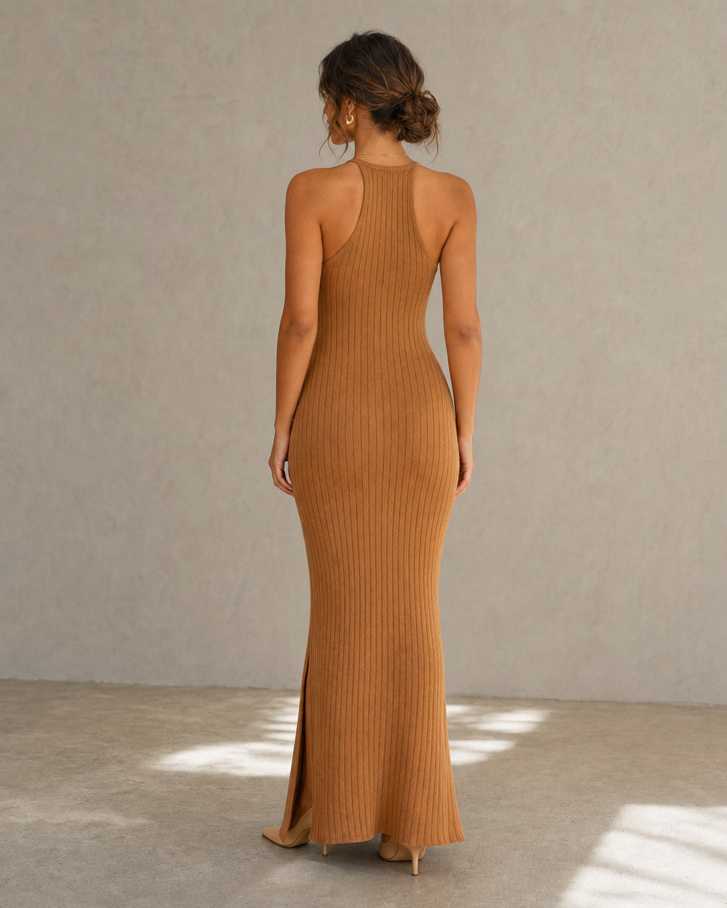 Ribbed Knit Halter Maxi Dress, Backless Sleeveless Split Bodycon Dress MVA000480AA