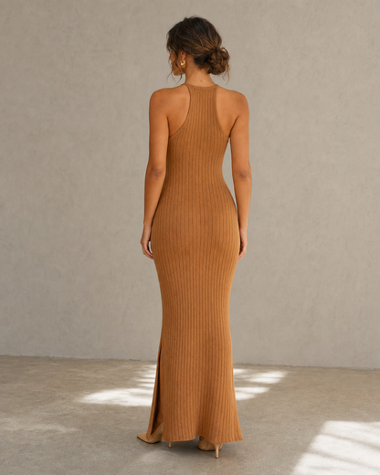 Ribbed Knit Halter Maxi Dress, Backless Sleeveless Split Bodycon Dress MVA000480AA