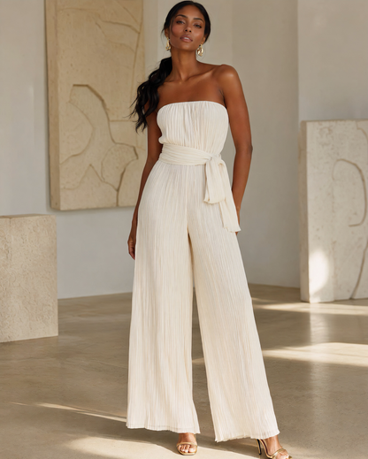 Strapless Pleated Wide Leg Jumpsuit Self Tie Waist Vacation Romper MVA000490AA