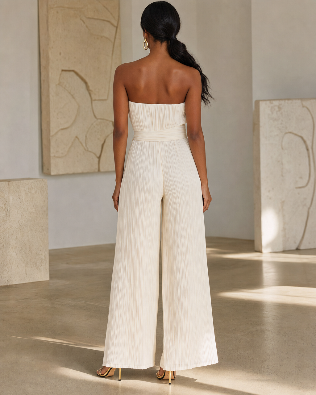Strapless Pleated Wide Leg Jumpsuit Self Tie Waist Vacation Romper MVA000490AA