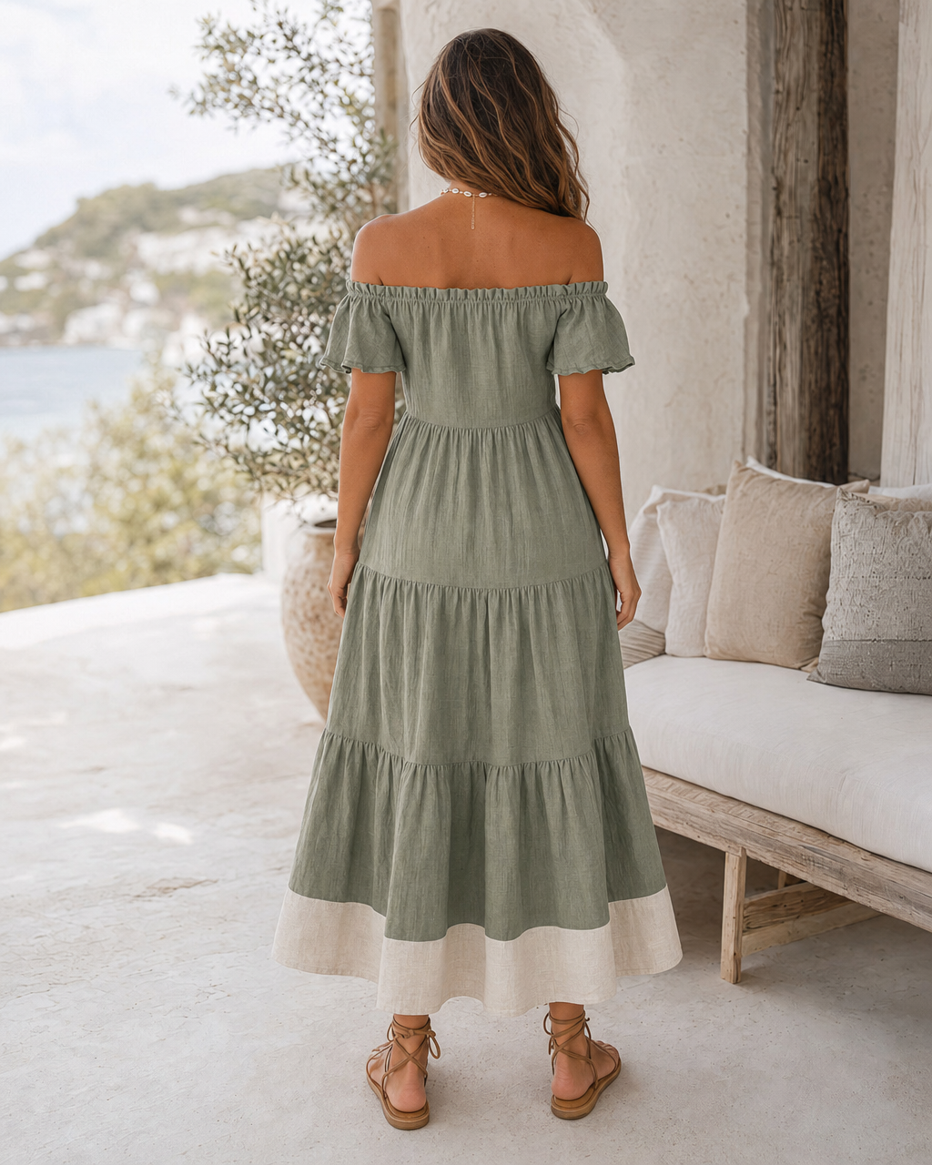 Boho Off Shoulder Tiered Linen Midi Dress Contrast Hem Vacation Dress MVA000500AA