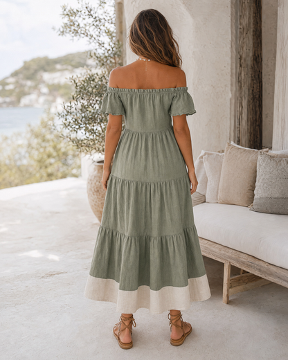 Boho Off Shoulder Tiered Linen Midi Dress Contrast Hem Vacation Dress MVA000500AA