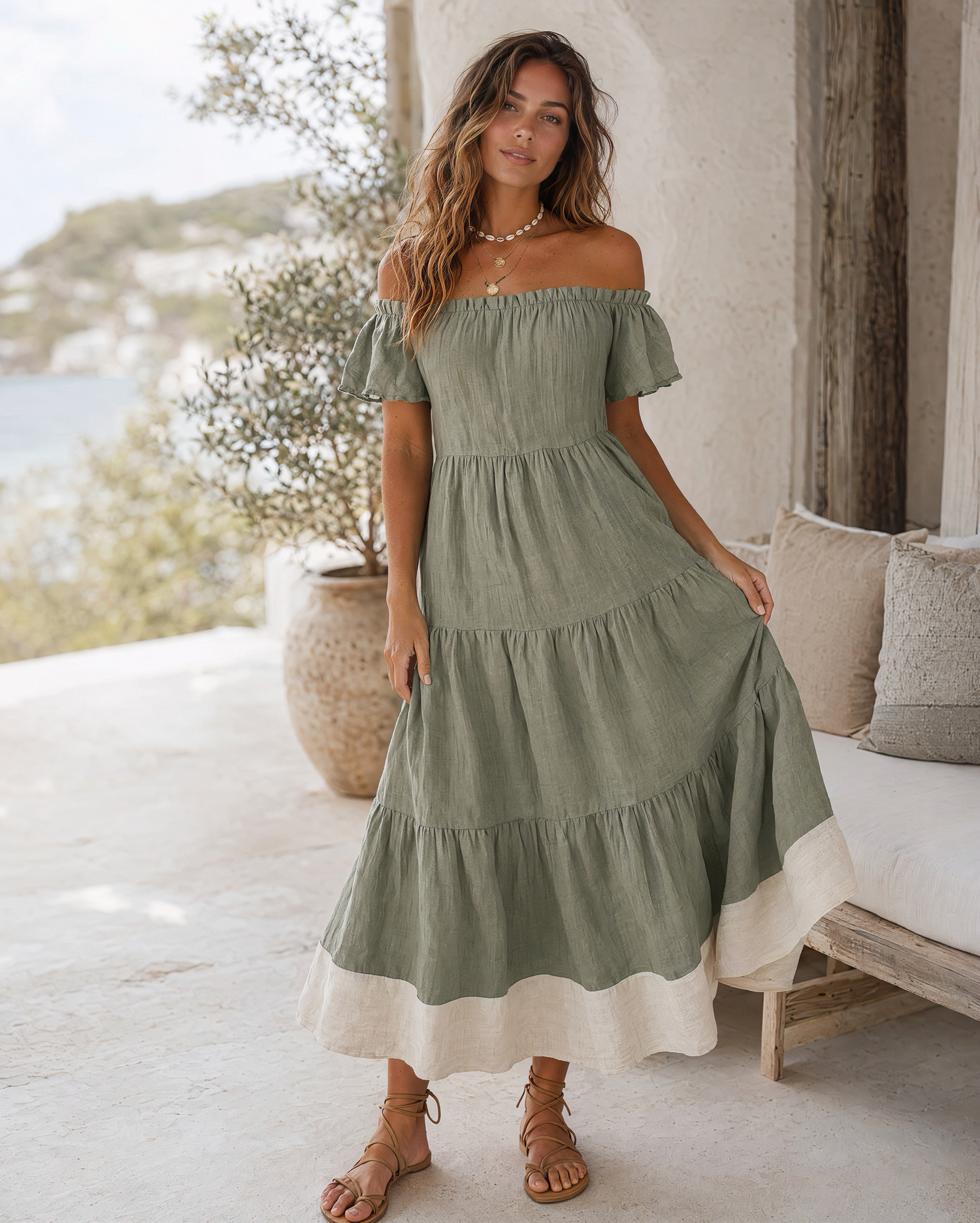 Boho Off Shoulder Tiered Linen Midi Dress Contrast Hem Vacation Dress MVA000500AA