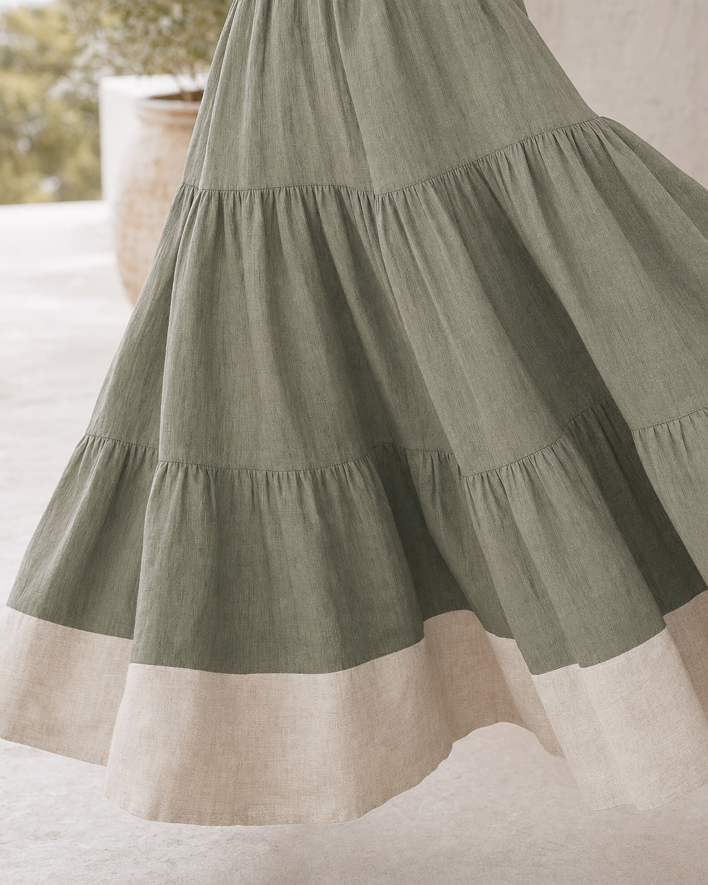Boho Off Shoulder Tiered Linen Midi Dress Contrast Hem Vacation Dress MVA000500AA