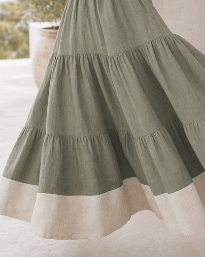 Boho Off Shoulder Tiered Linen Midi Dress Contrast Hem Vacation Dress MVA000500AA