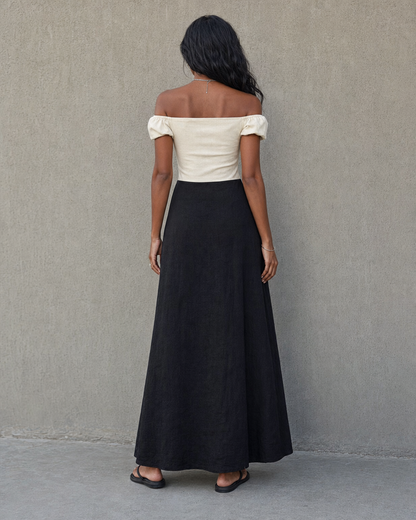 Off Shoulder Color Block Linen Maxi Dress Side Slit Casual Dress MVA000510AA