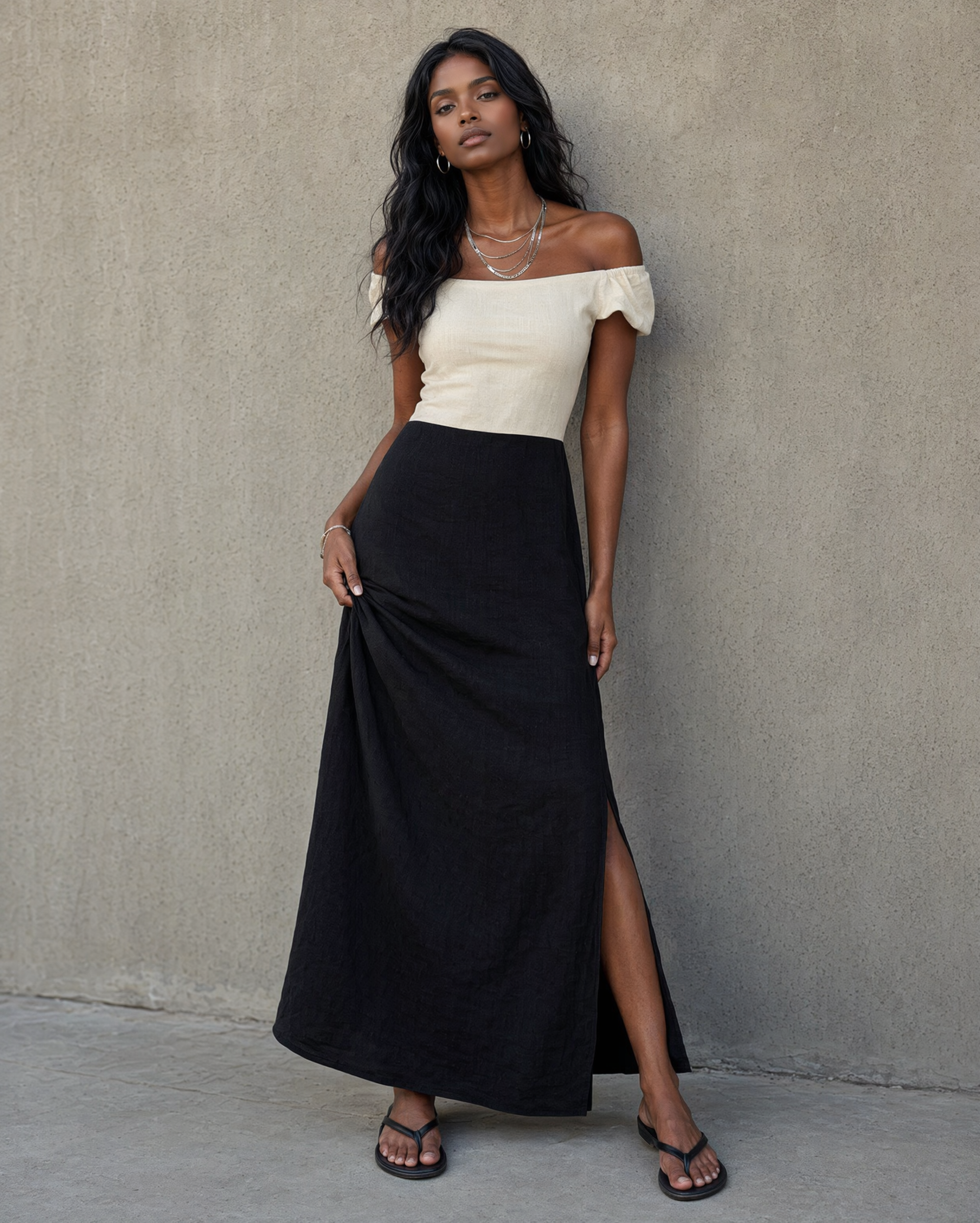 Off Shoulder Color Block Linen Maxi Dress Side Slit Casual Dress MVA000510AA