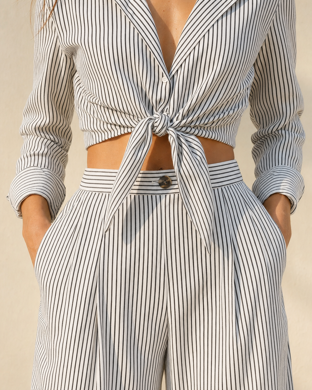 Stripe Blazer Collar Tie Crop Top &amp; Wide Leg Pants Two Piece Set MVA000520AA