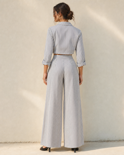 Stripe Blazer Collar Tie Crop Top &amp; Wide Leg Pants Two Piece Set MVA000520AA