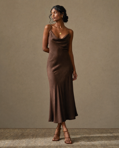 Boho Cowl Neck Suede Slip Midi Dress Spaghetti Strap Bodycon Evening Dress MVA000530AA