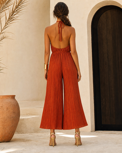 Boho Halter Pleated Wide Leg Jumpsuit Self Tie Waist Vacation Romper MVA000540AA