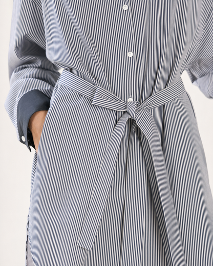 Boho Contrast Black Collar Striped Shirt Mini Dress Self Tie Belt Casual Tunic Dress MVA000550AA