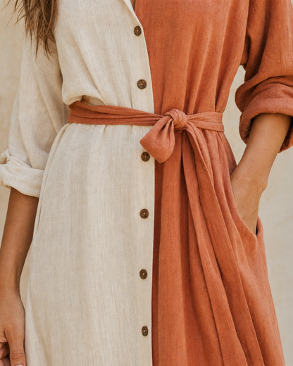 Boho Two Tone Color Block Linen Shirt Midi Dress Self Tie Waist Split Vacation Dress MVA000560AA