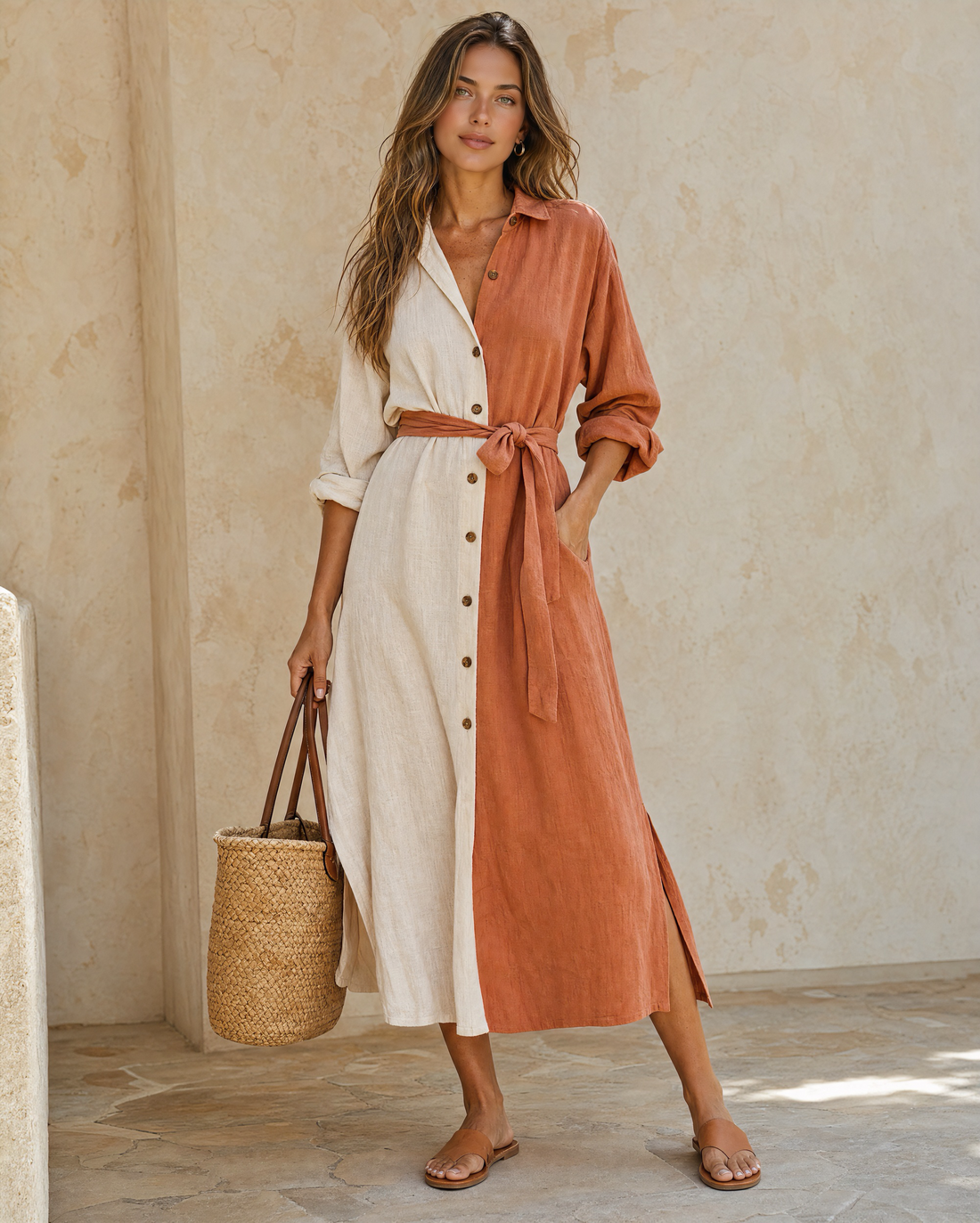 Boho Two Tone Color Block Linen Shirt Midi Dress Self Tie Waist Split Vacation Dress MVA000560AA