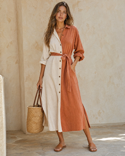 Boho Two Tone Color Block Linen Shirt Midi Dress Self Tie Waist Split Vacation Dress MVA000560AA