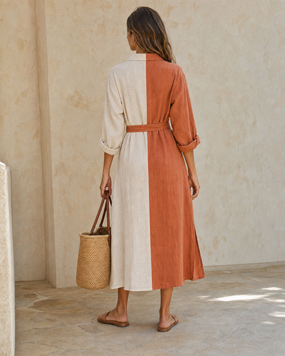 Boho Two Tone Color Block Linen Shirt Midi Dress Self Tie Waist Split Vacation Dress MVA000560AA