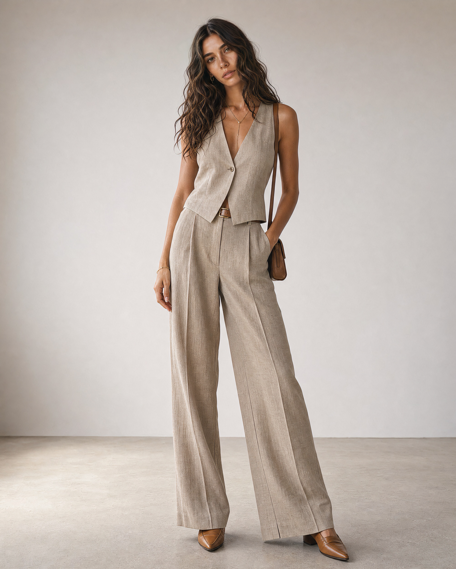 Boho Natural Linen Vest Wide Leg Pants Two Piece Neutral Co-Ord Set MVA000570AA