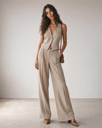 Boho Natural Linen Vest Wide Leg Pants Two Piece Neutral Co-Ord Set MVA000570AA