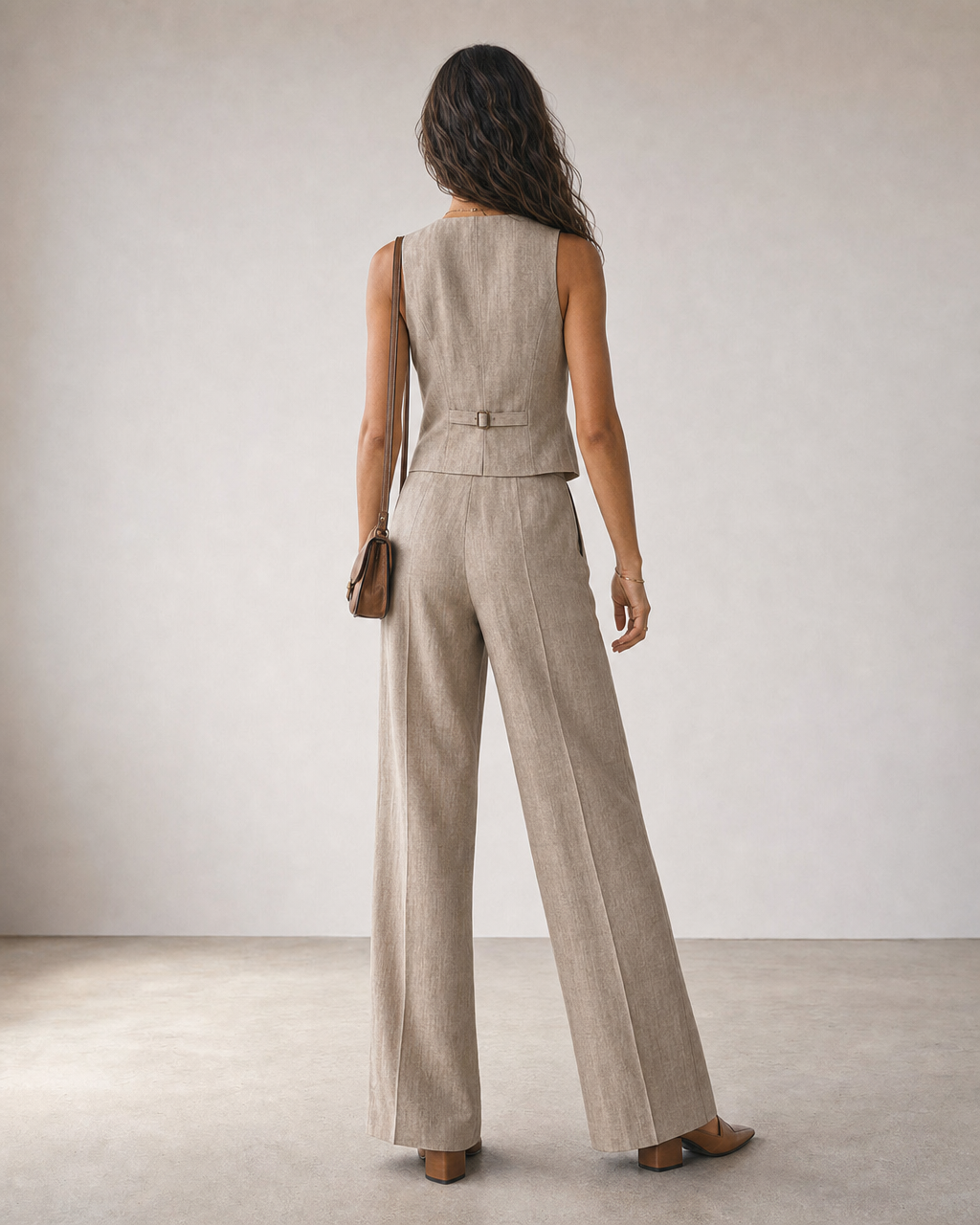 Boho Natural Linen Vest Wide Leg Pants Two Piece Neutral Co-Ord Set MVA000570AA