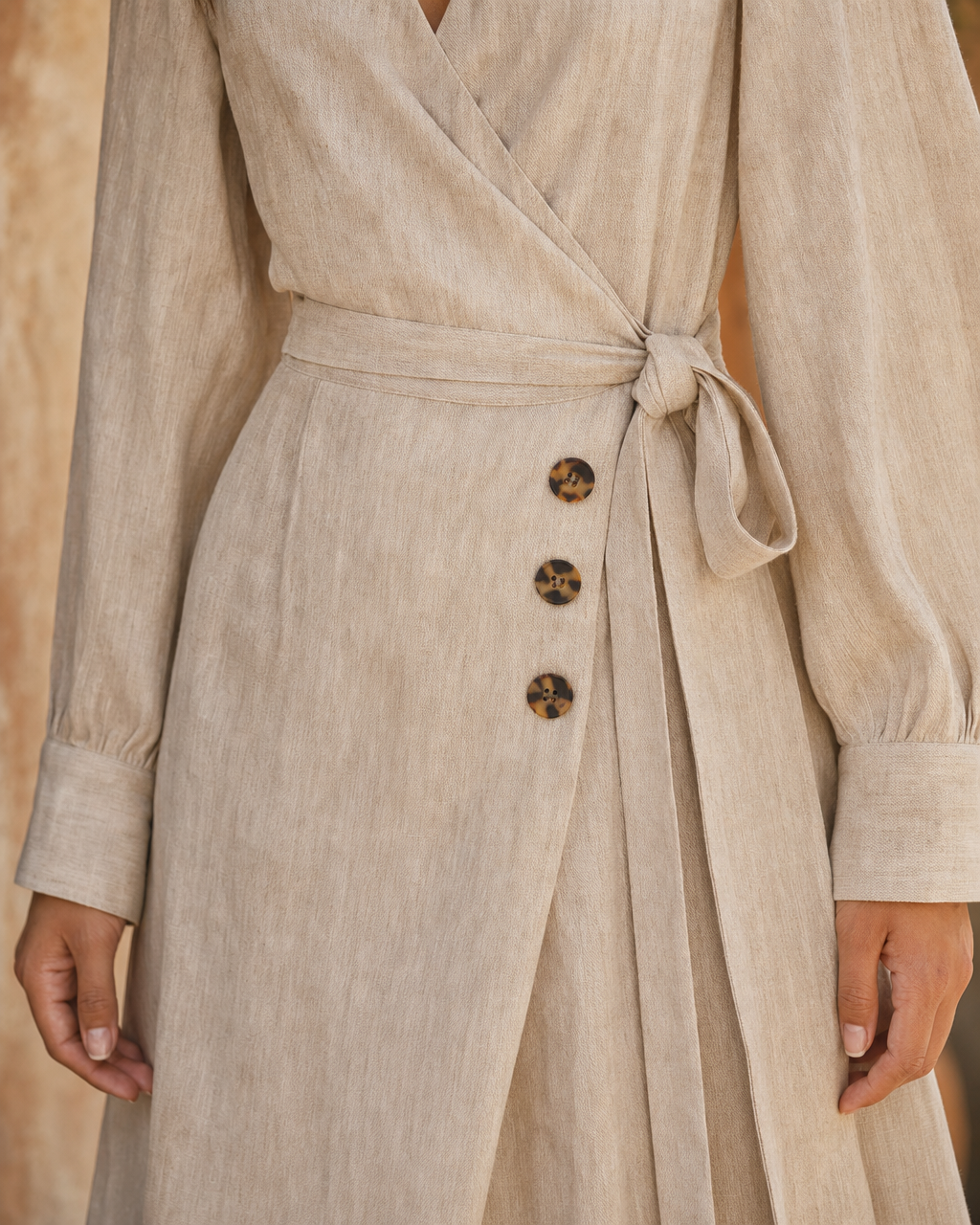 Boho Natural Linen Wrap Midi Dress V Neck Long Sleeve Self Tie Waist Vacation Dress MVA000580AA