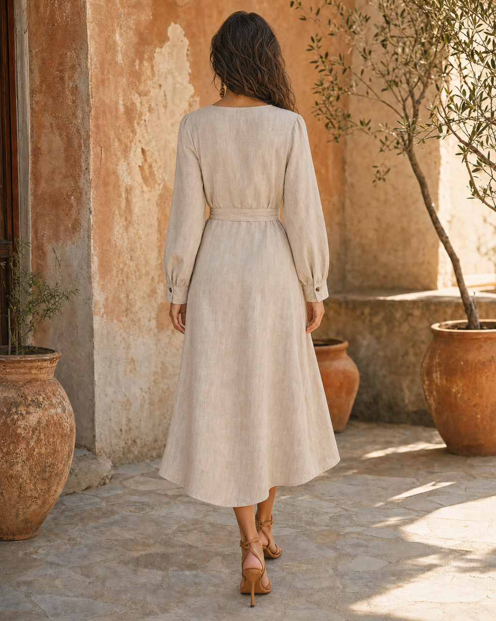 Boho Natural Linen Wrap Midi Dress V Neck Long Sleeve Self Tie Waist Vacation Dress MVA000580AA
