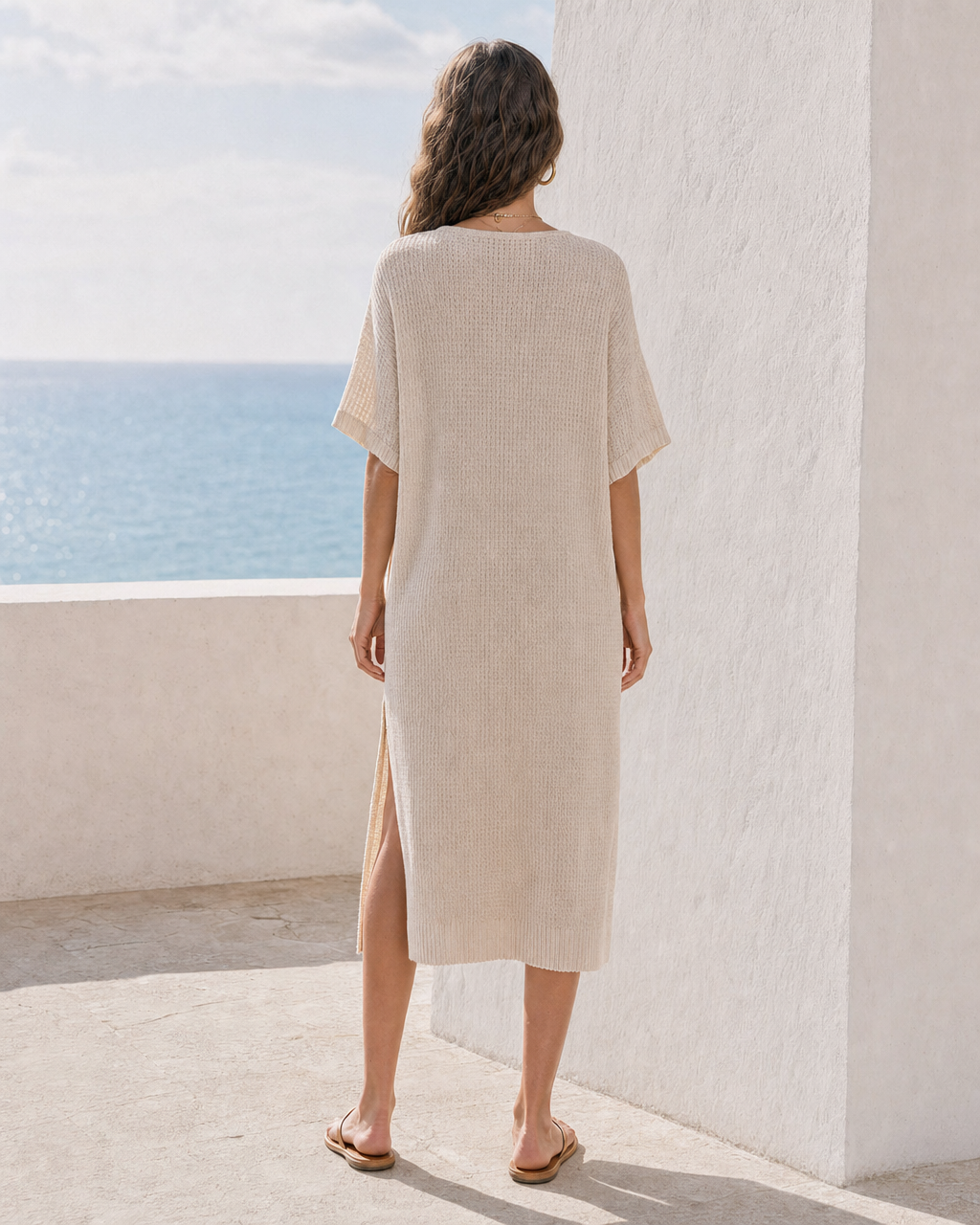 Textured Knit Midi Dress Short Sleeve Side Slit Neutral Vacation Dress MVA000590AA