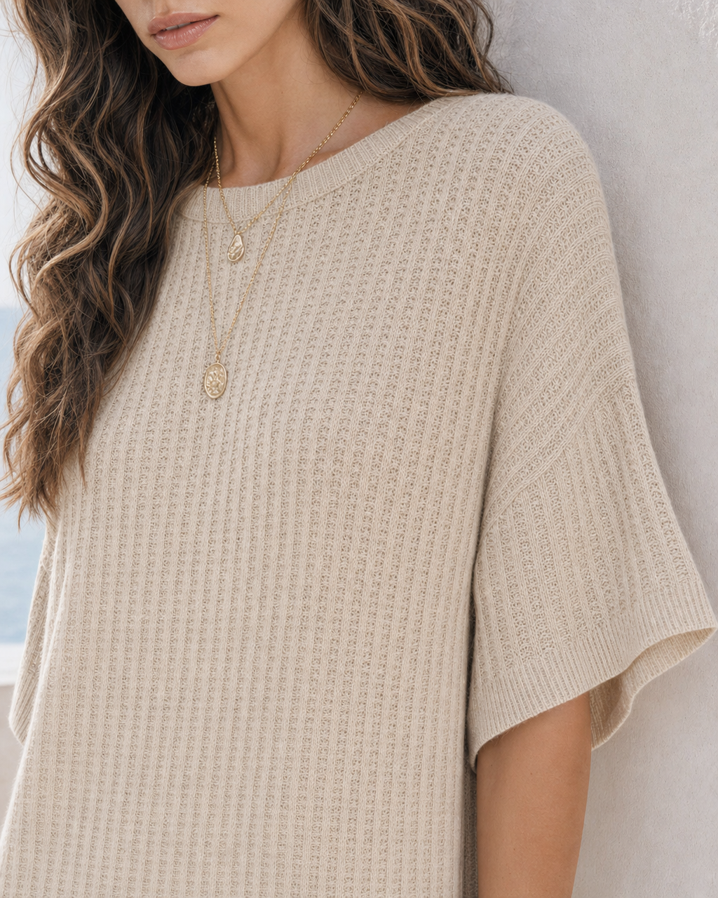Textured Knit Midi Dress Short Sleeve Side Slit Neutral Vacation Dress MVA000590AA
