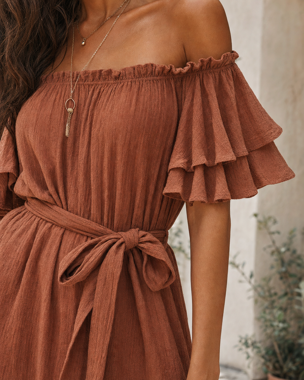 Bohemian Rust Linen-blend A-line Off-shoulder Ruffle Midi Dress MVA000600AA