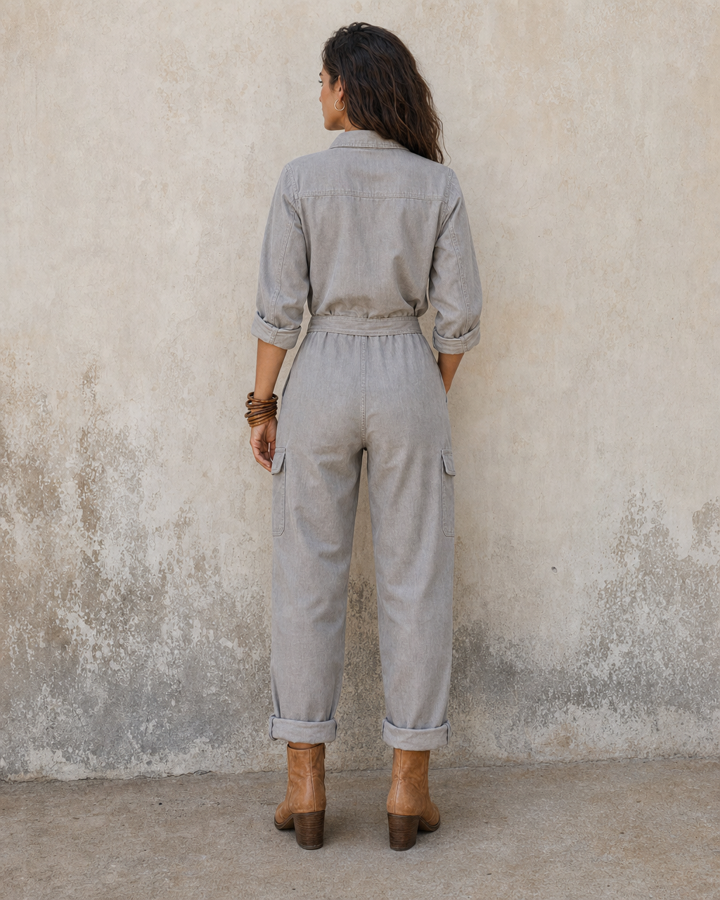 Boho Grey Linen Cargo Jumpsuit Collar Long Sleeve Self Tie Waist Utility Romper MVA000610AA