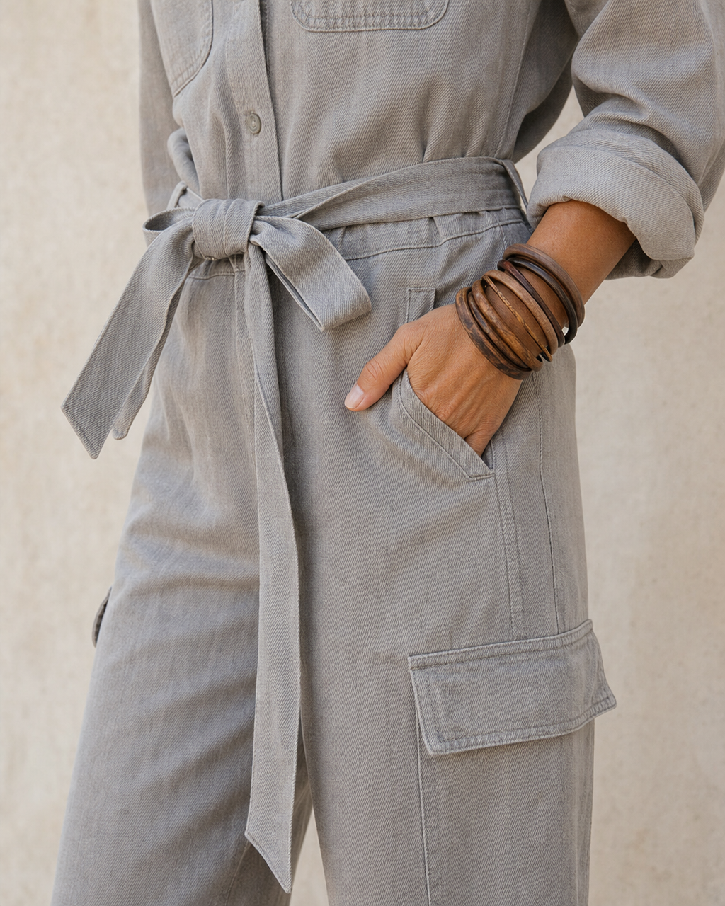 Boho Grey Linen Cargo Jumpsuit Collar Long Sleeve Self Tie Waist Utility Romper MVA000610AA