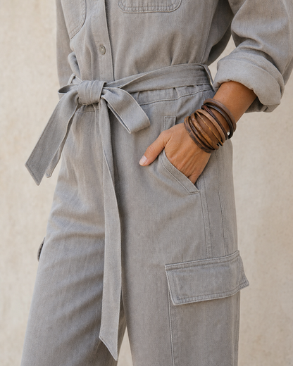 Boho Grey Linen Cargo Jumpsuit Collar Long Sleeve Self Tie Waist Utility Romper MVA000610AA