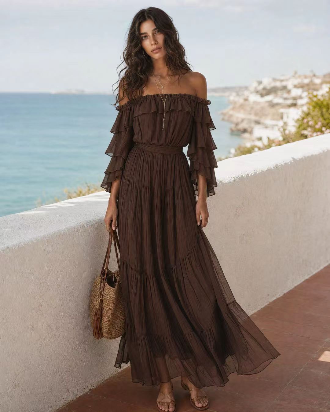Boho Dark Brown Off Shoulder Tiered Ruffle Maxi Dress Self Tie Waist Flowy Vacation Dress MVA000620AA
