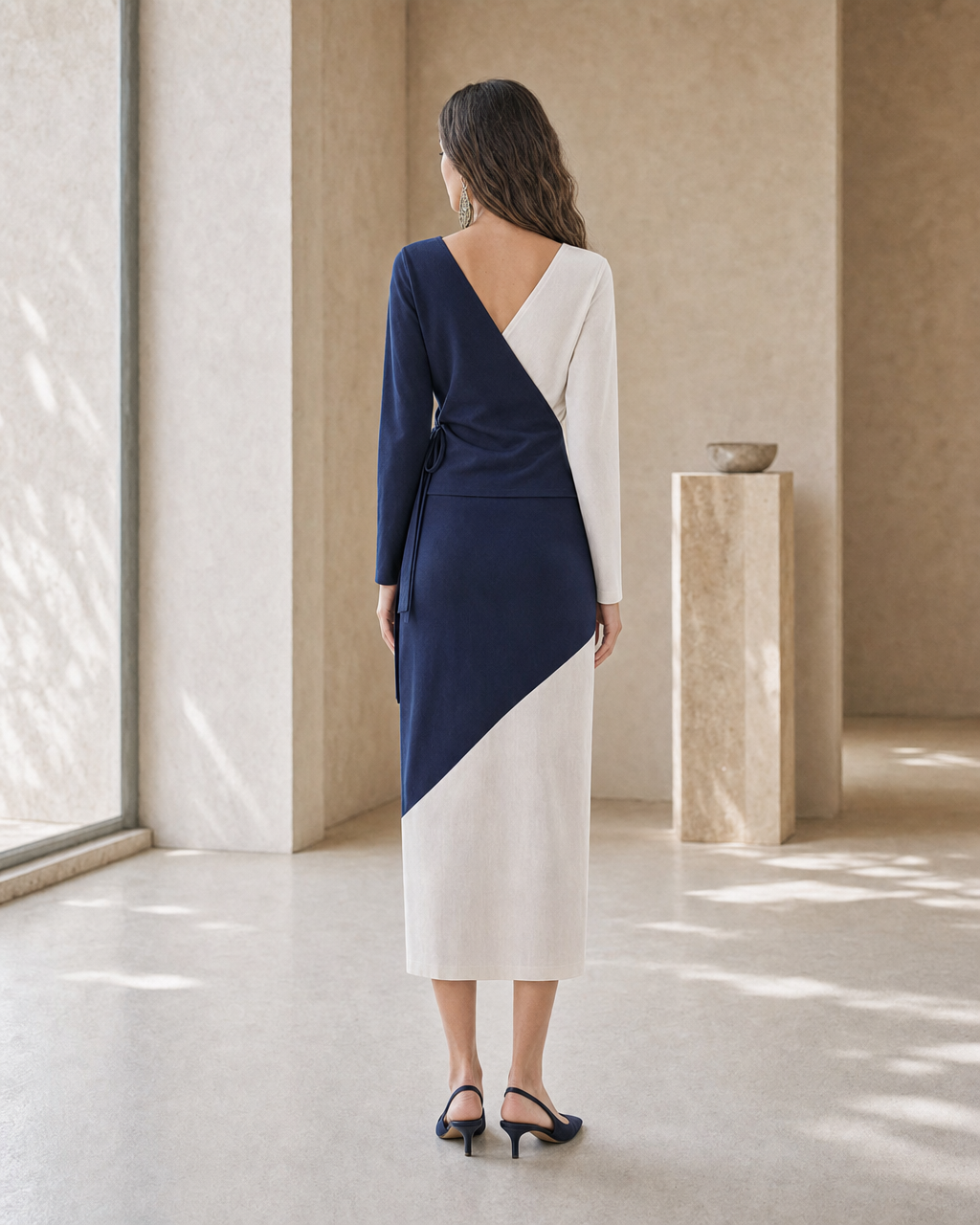 Color Block Wrap Midi Dress V Neck Long Sleeve Woven Casual Office Dress MVA000640AA