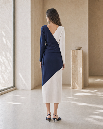 Color Block Wrap Midi Dress V Neck Long Sleeve Woven Casual Office Dress MVA000640AA