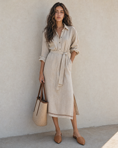 Boho Oat Linen Shirt Midi Dress Collar Button Down Self Tie Waist Side Slit Vacation Dress MVA000650AA