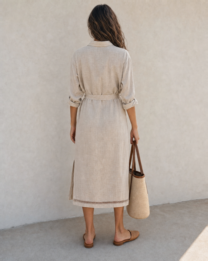 Boho Oat Linen Shirt Midi Dress Collar Button Down Self Tie Waist Side Slit Vacation Dress MVA000650AA