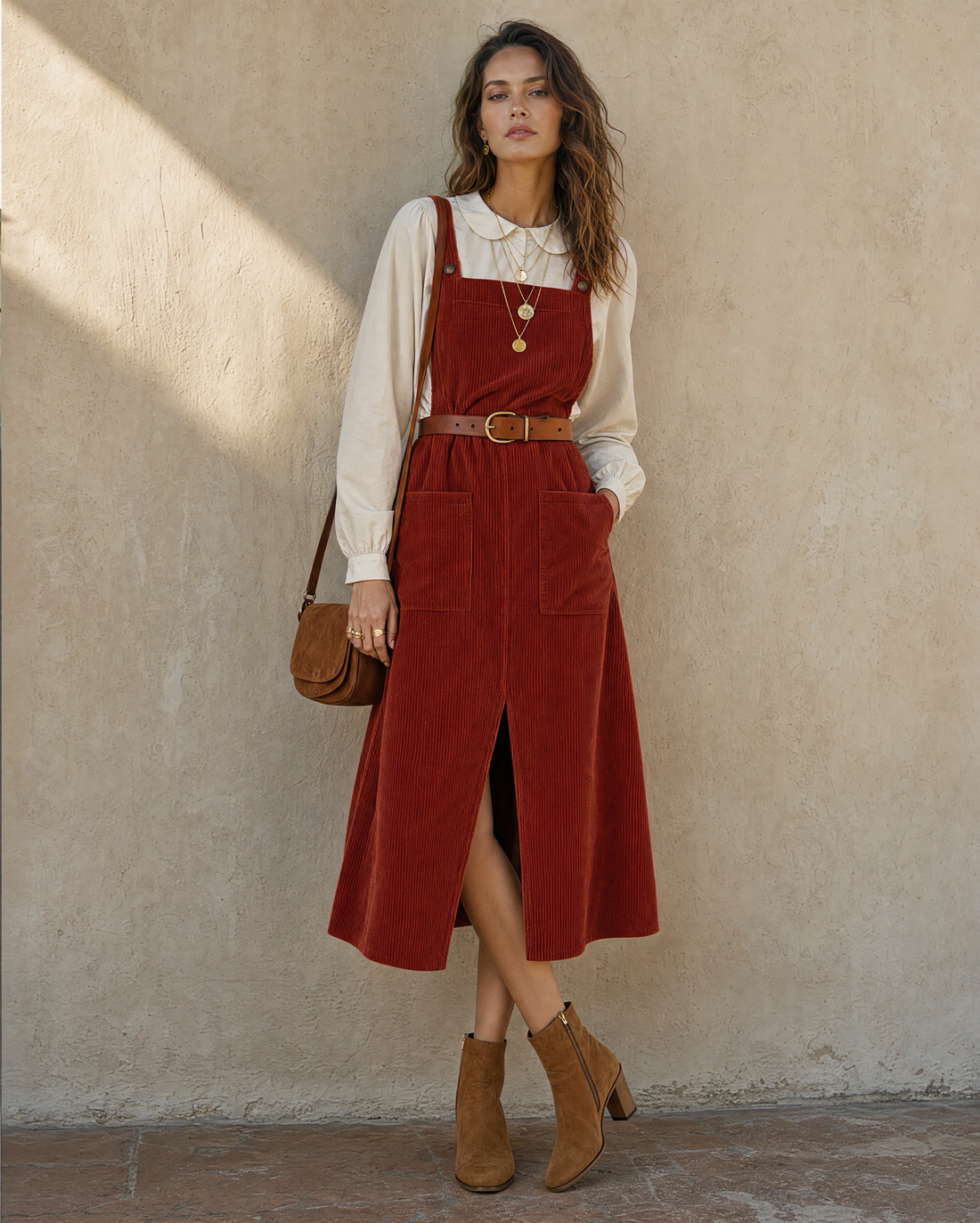 Casual Rust Corduroy Pinafore Midi Dress Paired With A Cream Collared Blouse Two-piece Set MVA000660AA