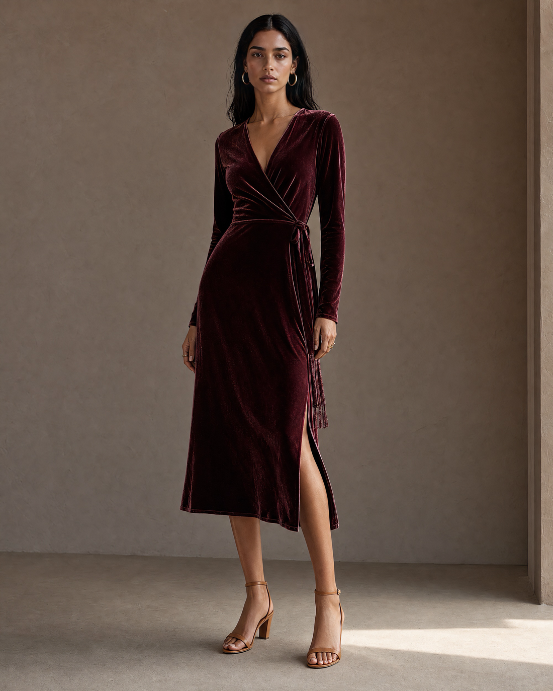 Boho Burgundy Velvet Wrap Midi Dress Long Sleeve V Neck Tassel Tie Thigh Slit Formal Evening Dress MVA000670AA