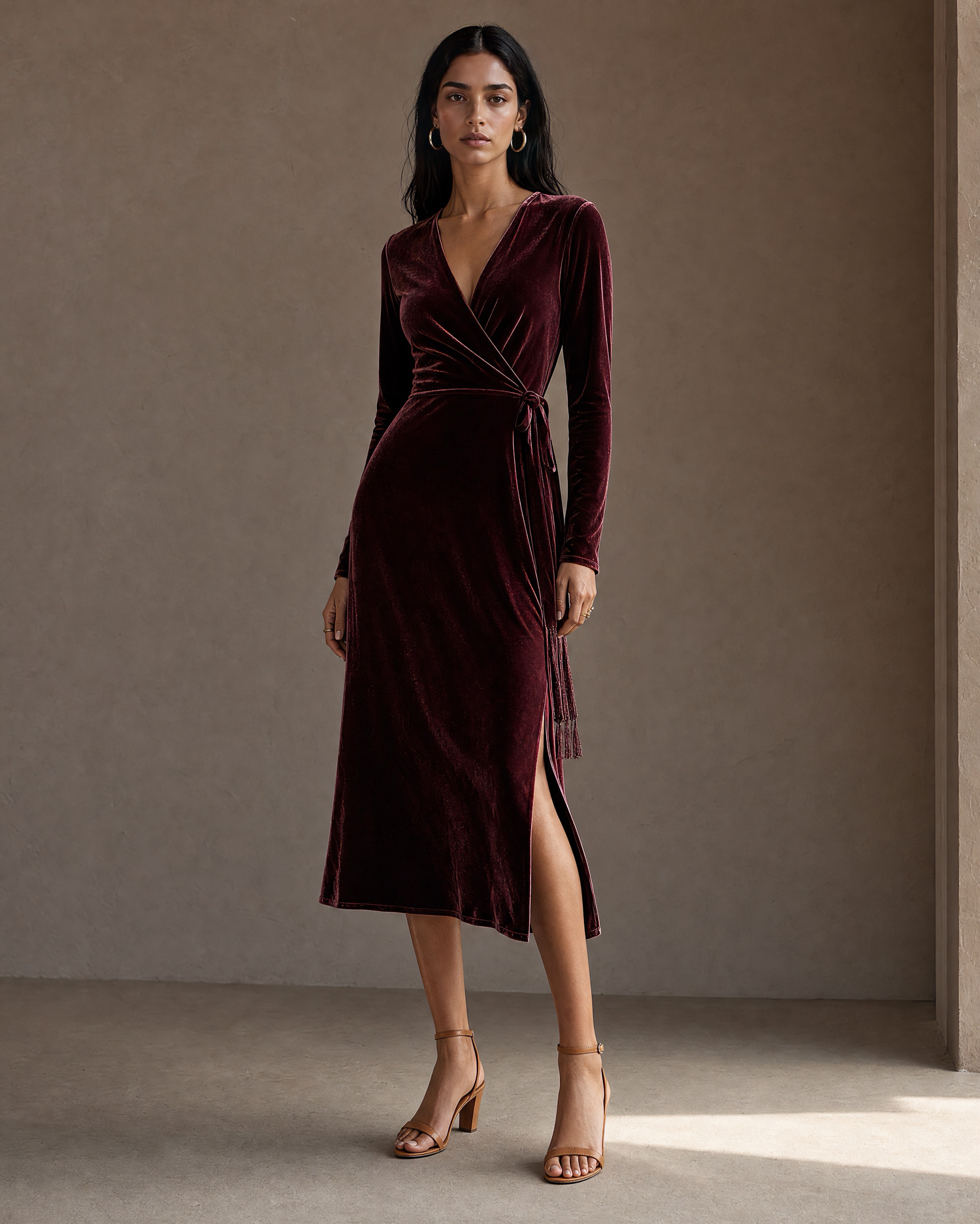 Boho Burgundy Velvet Wrap Midi Dress Long Sleeve V Neck Tassel Tie Thigh Slit Formal Evening Dress MVA000670AA