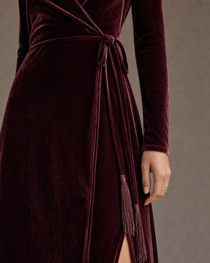 Elegant Burgundy Velvet V-neck Long-sleeve Wrap Midi Dress MVA000670AA