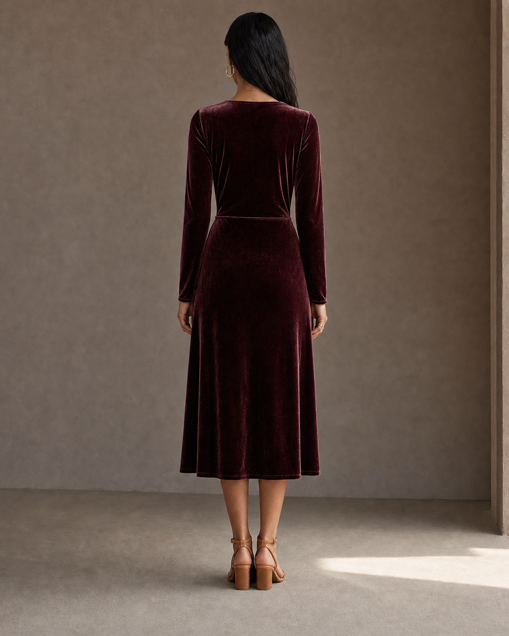 Elegant Burgundy Velvet V-neck Long-sleeve Wrap Midi Dress MVA000670AA