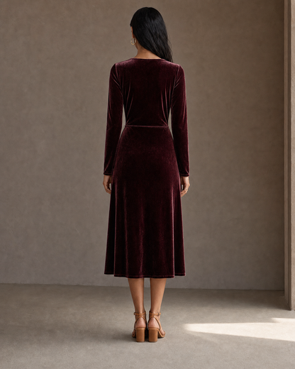 Elegant Burgundy Velvet V-neck Long-sleeve Wrap Midi Dress MVA000670AA