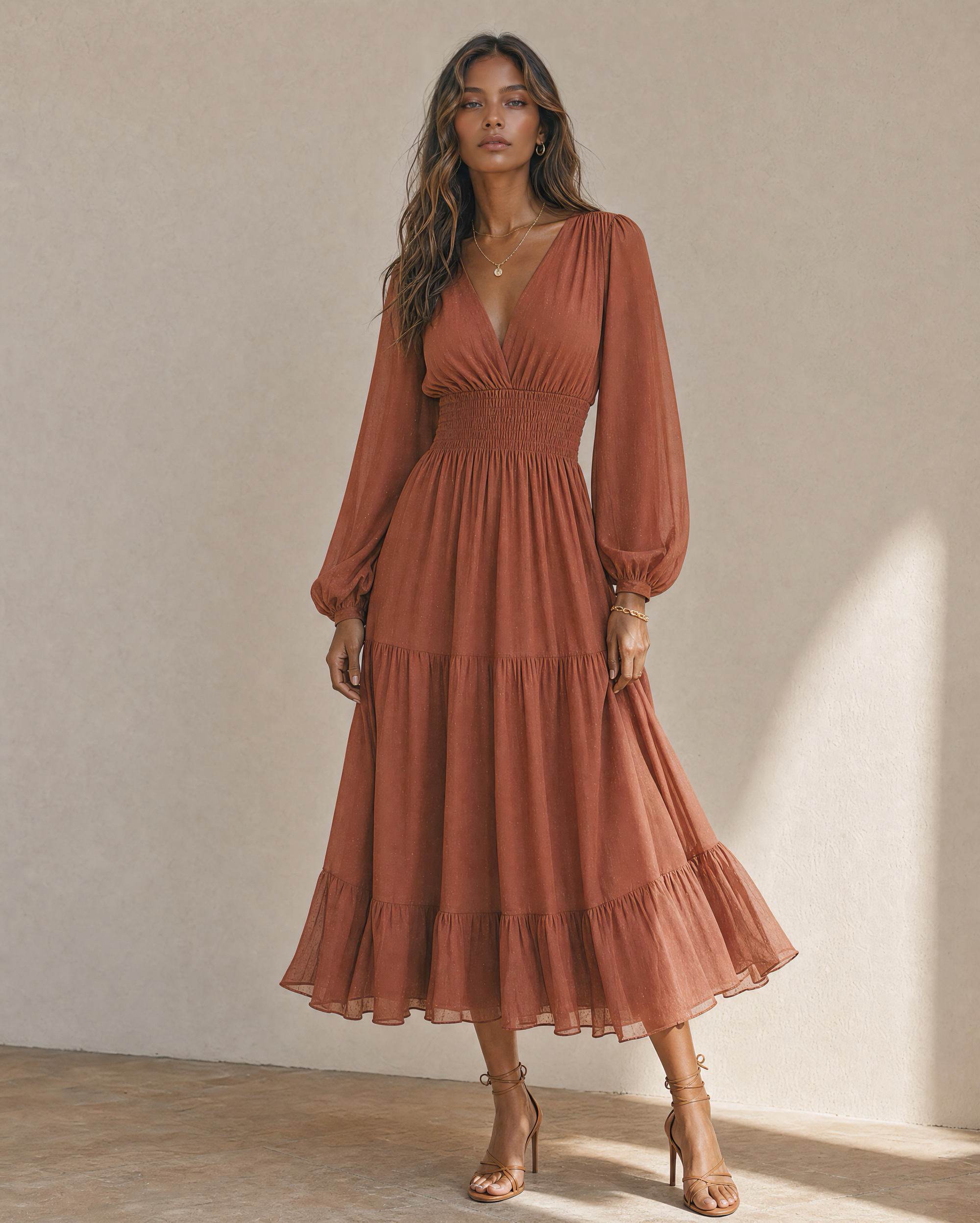 Boho Terracotta Chiffon Midi Dress Balloon Long Sleeve Smocked Waist Tiered Ruffle Vacation Dress MVA000680AA