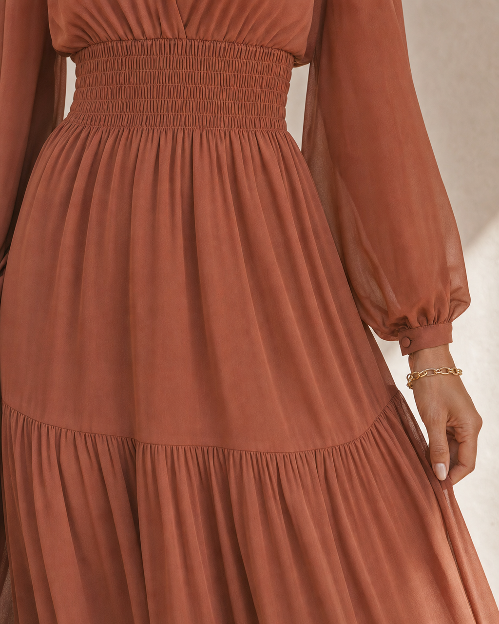 Boho Terracotta Chiffon Midi Dress Balloon Long Sleeve Smocked Waist Tiered Ruffle Vacation Dress MVA000680AA